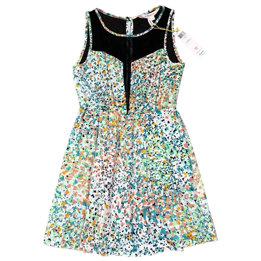 BCBGeneration Dress Womens Size 0 A-Line Mini Multicolor Floral Mesh V Neck NWT